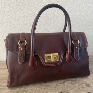 Lauren Ralph Vintage Satchel Bag Burgundy Brown Gold Buckle Turn Lock Doctor Bag